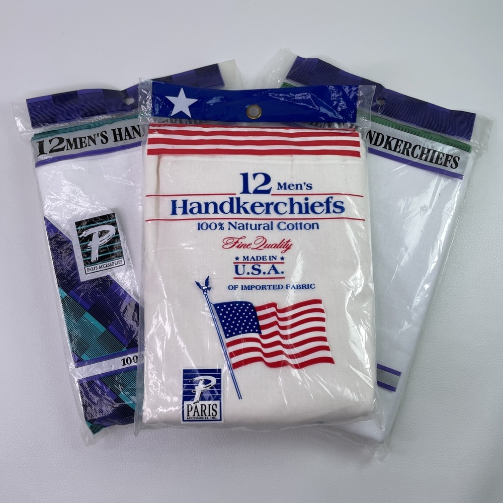 36 VINTAGE Mens Handkerchiefs 100% Natural Cotton White Paris Access MADE IN USA